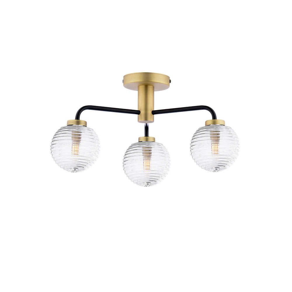 Tango 3 Light G9 Matt Black & Antique Brass Semi Flush Ceiling Light C/W Clear Closed Ribbed Glass Shade
