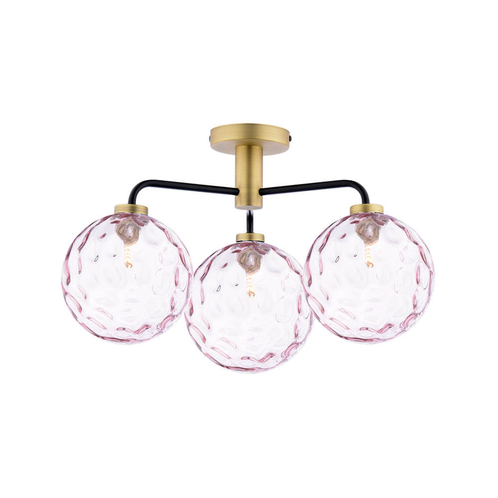 Tango 3 Light G9 Matt Black & Antique Brass Semi Flush Ceiling Light C/W Pink Dimpled Glass Shades
