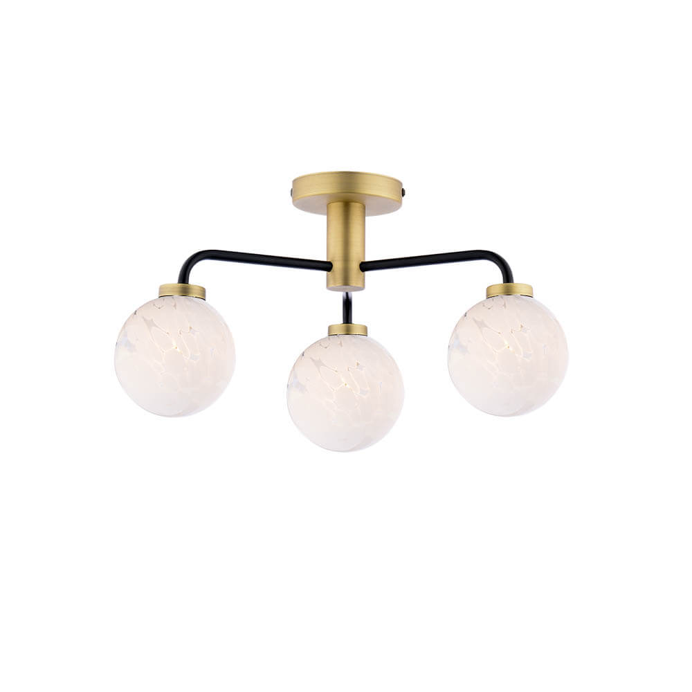 Tango 3 Light G9 Matt Black & Antique Brass Semi Flush Ceiling Light C/W Pulque Confetti Glass Shades