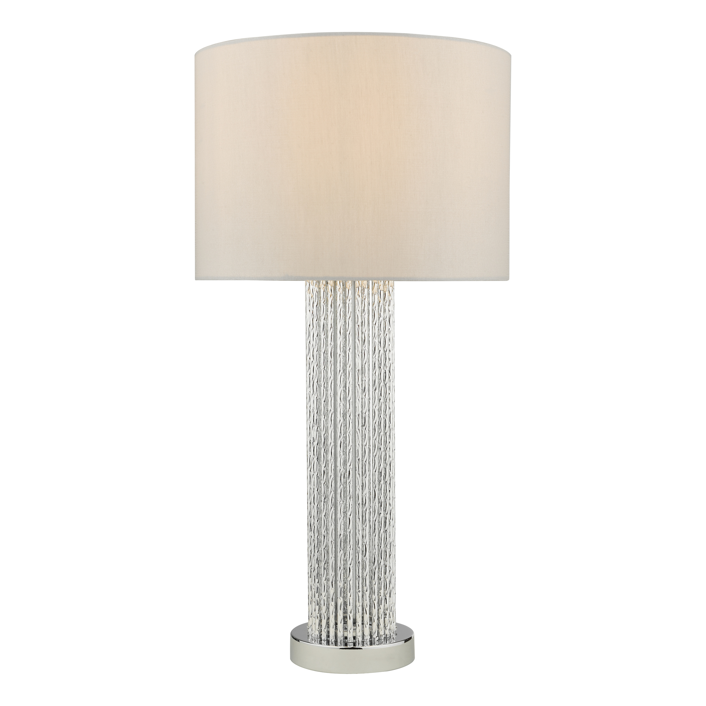 Cumbia 1 Light E27 Polished Chrome Table Lamp With Twisted Aluminium Rods With Inline Switch C/W Leyenda Satin Faux Silk Armario Shade