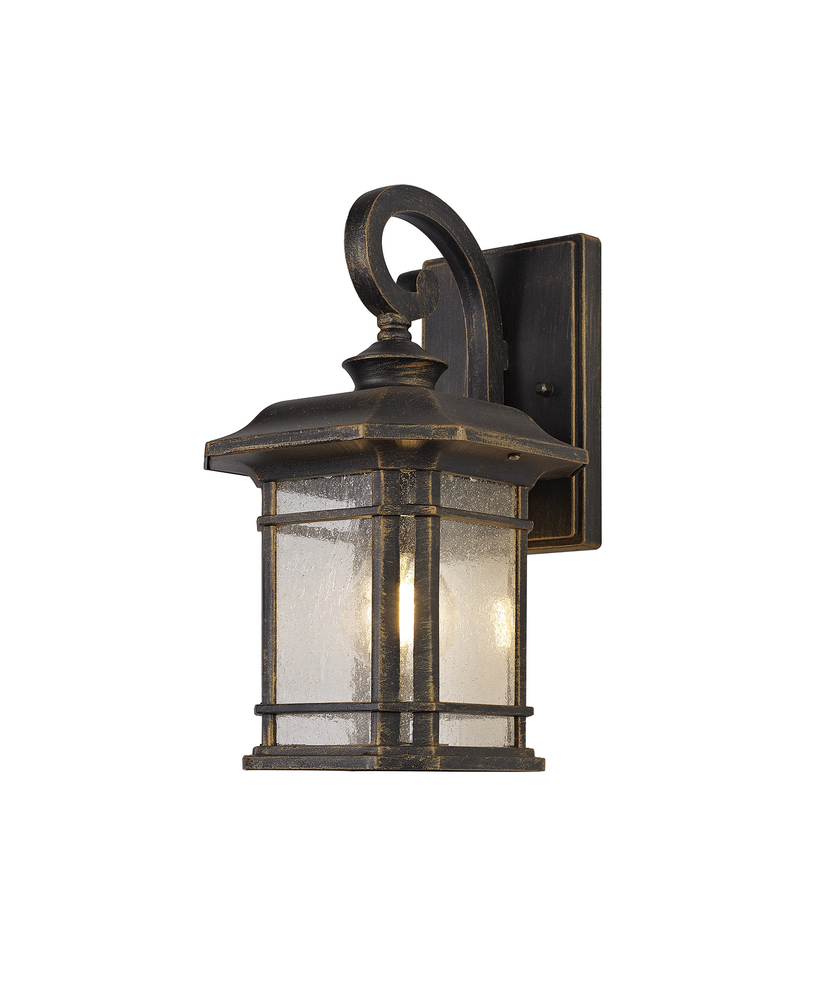 Lefton Small Wall Lamp, 1 x E27, Brushed Black Gold/Seeded Glass, IP54, 2yrs Warranty