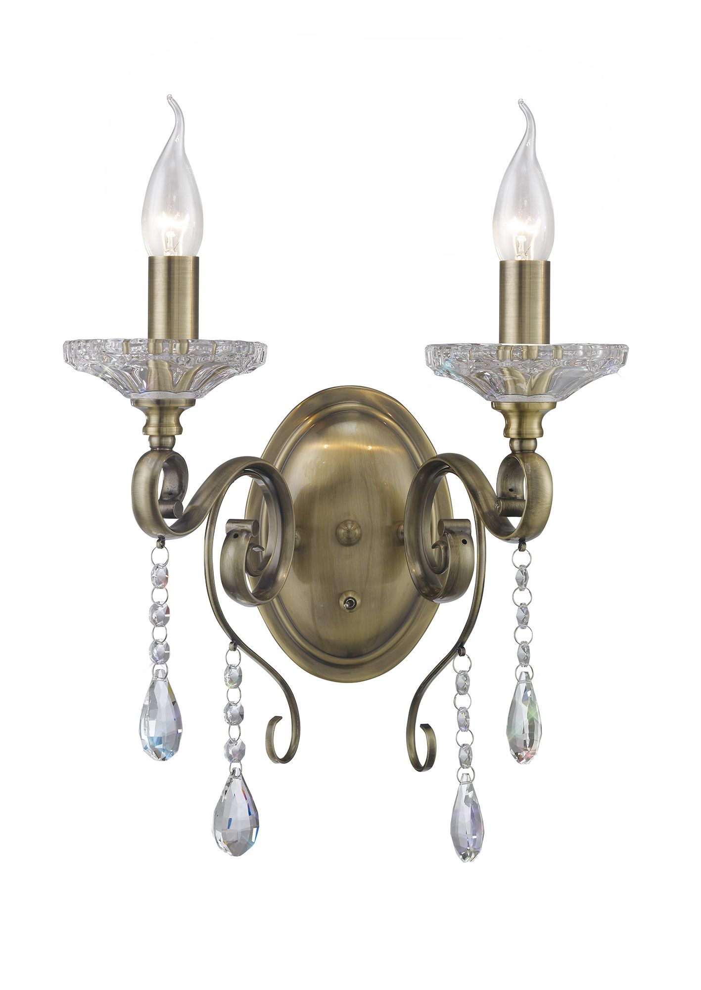 Libra Wall Lamp Switched 2 Light E14 Antique Brass/Crystal
