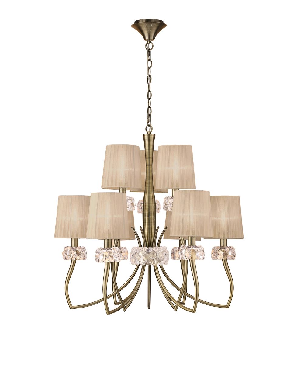 Loewe 75cm 2 Tier Pendant 6+3 Light E14, Antique Brass With Soft Bronze Shades