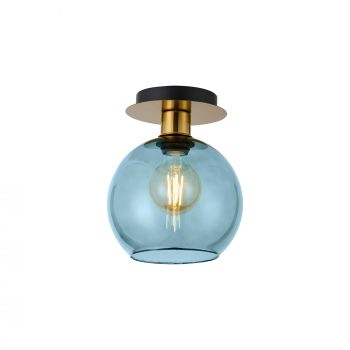 Lori 15cm Round Ceiling Flush, 1 Light Flush Fitting E27, Antique Gold/Blue Open Mouth Round Globe Shades