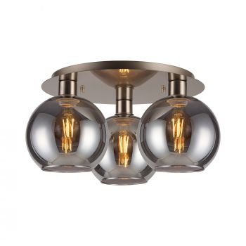 Lori 40cm Round Ceiling Flush, 3 Light Flush Fitting, Satin Nickel/Smoke Open Mouth Round Globe Shades