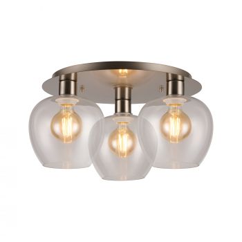 Lori 40cm Round Ceiling Flush, 3 Light Flush Fitting, Satin Nickel/Clear Wine Shades