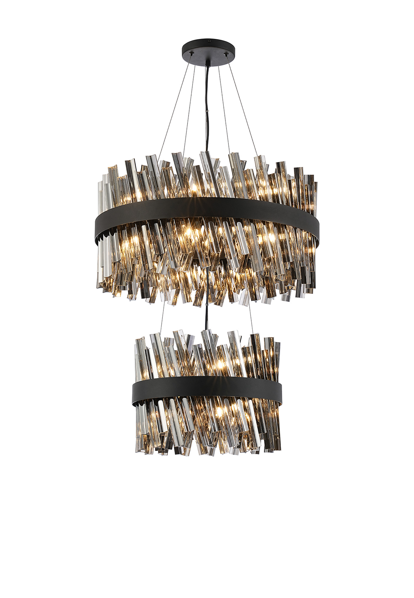 Asner 2 Tier 40cm + 60cm Pendant, 10 + 18 Light G9, Satin Black/Smoke, Item Weight: 27kg