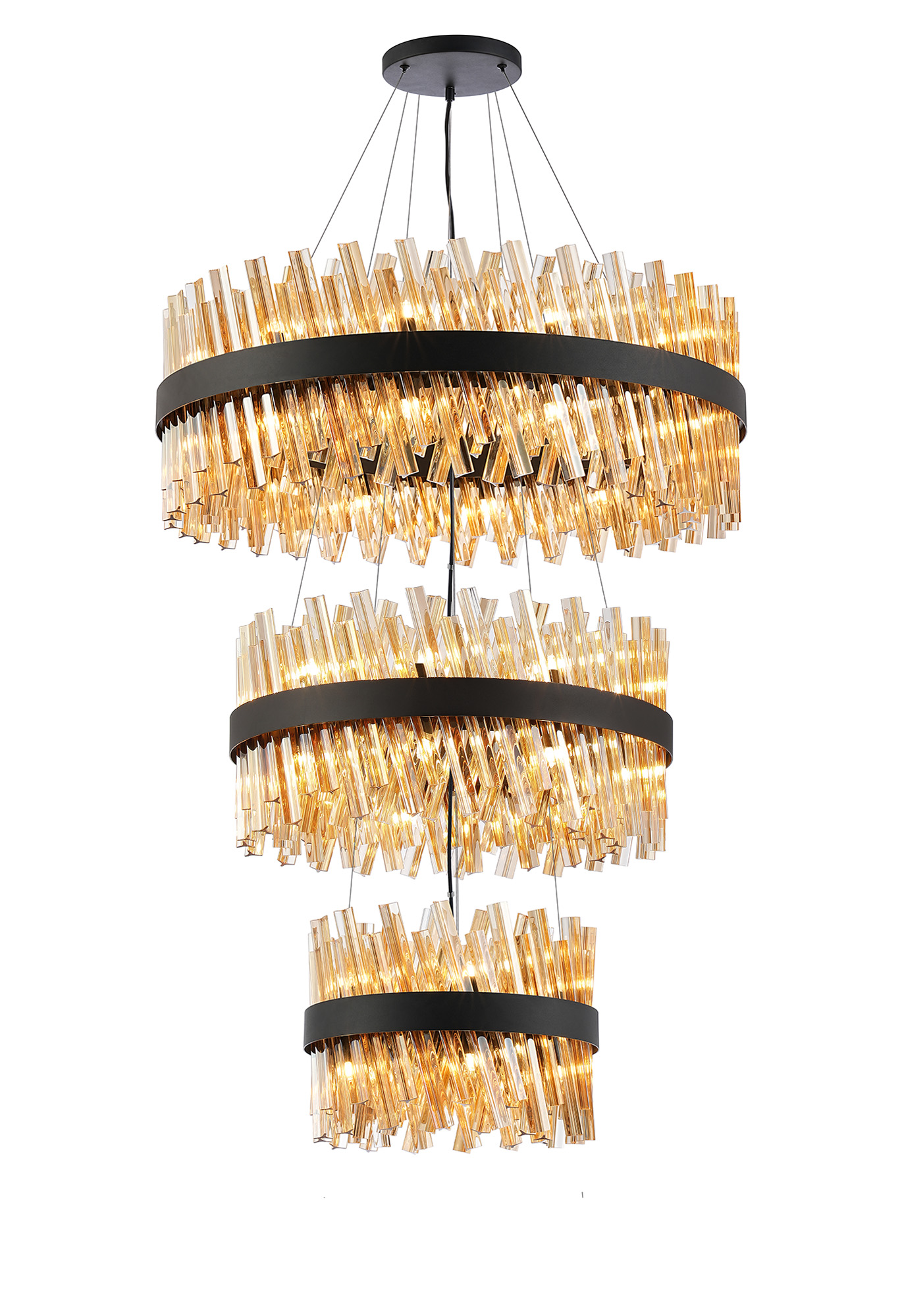 Asner 3 Tier 40cm + 60cm + 80cm Pendant, 10 + 18 + 24 Light G9, Satin Black/Amber, Item Weight: 50kg