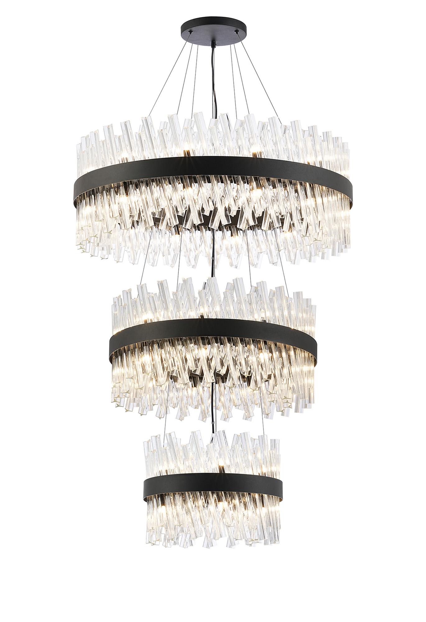 Asner 3 Tier 40cm + 60cm + 80cm Pendant, 10 + 18 + 24 Light G9, Satin Black/Clear, Item Weight: 50kg