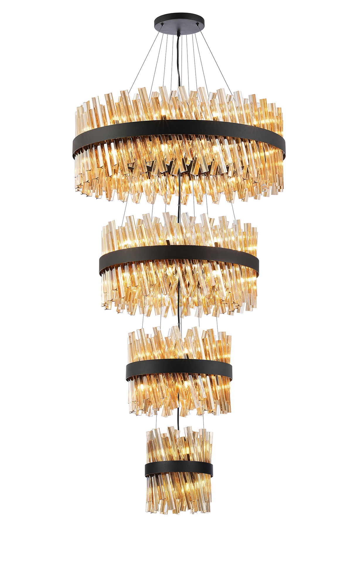 Asner 4 Tier 25cm + 40cm + 60cm + 80cm Pendant, 6 + 10 + 18 + 24 Light G9, Satin Black/Amber, Item Weight: 56kg