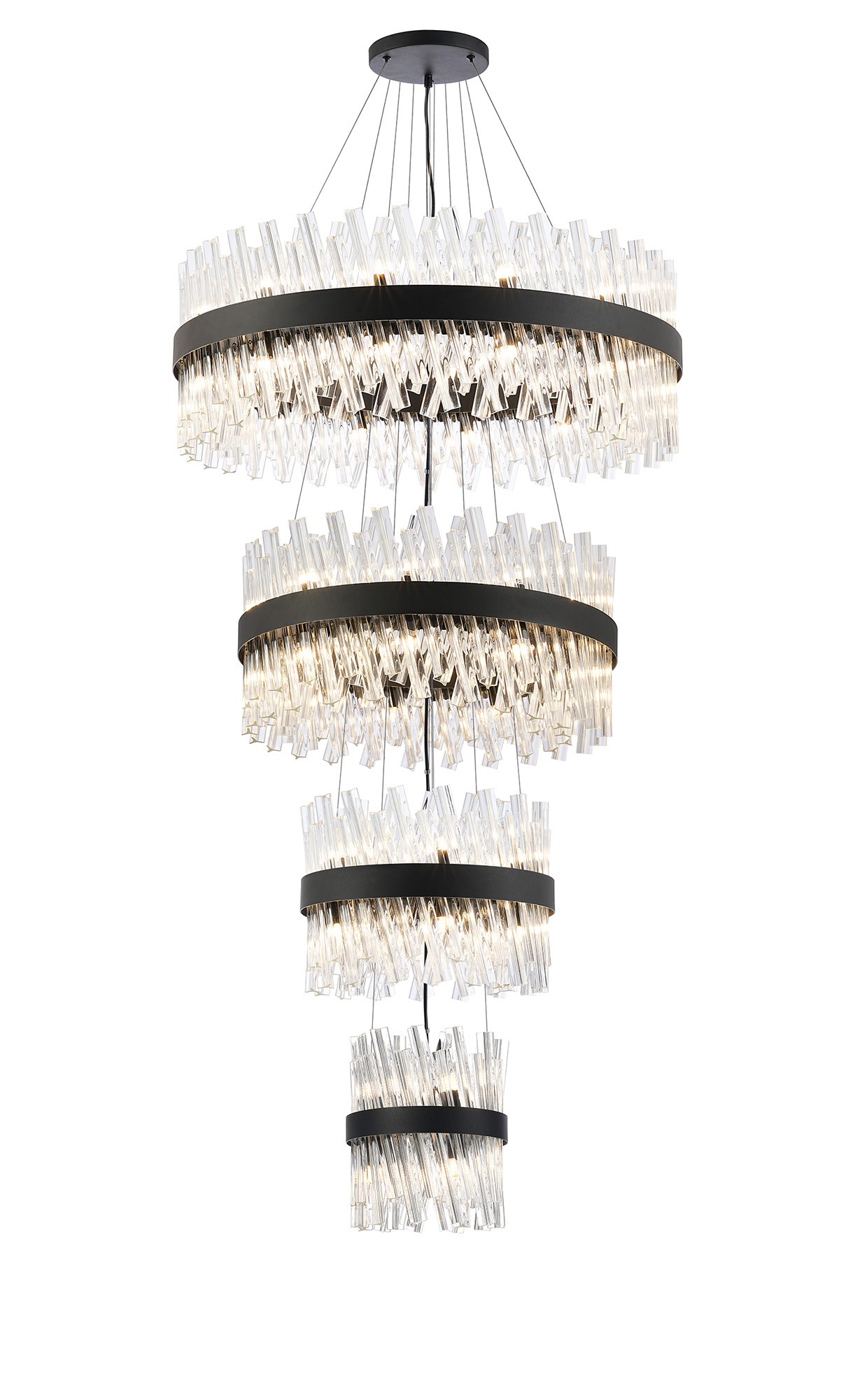 Asner 4 Tier 25cm + 40cm + 60cm + 80cm Pendant, 6 + 10 + 18 + 24 Light G9, Satin Black/Clear, Item Weight: 56kg