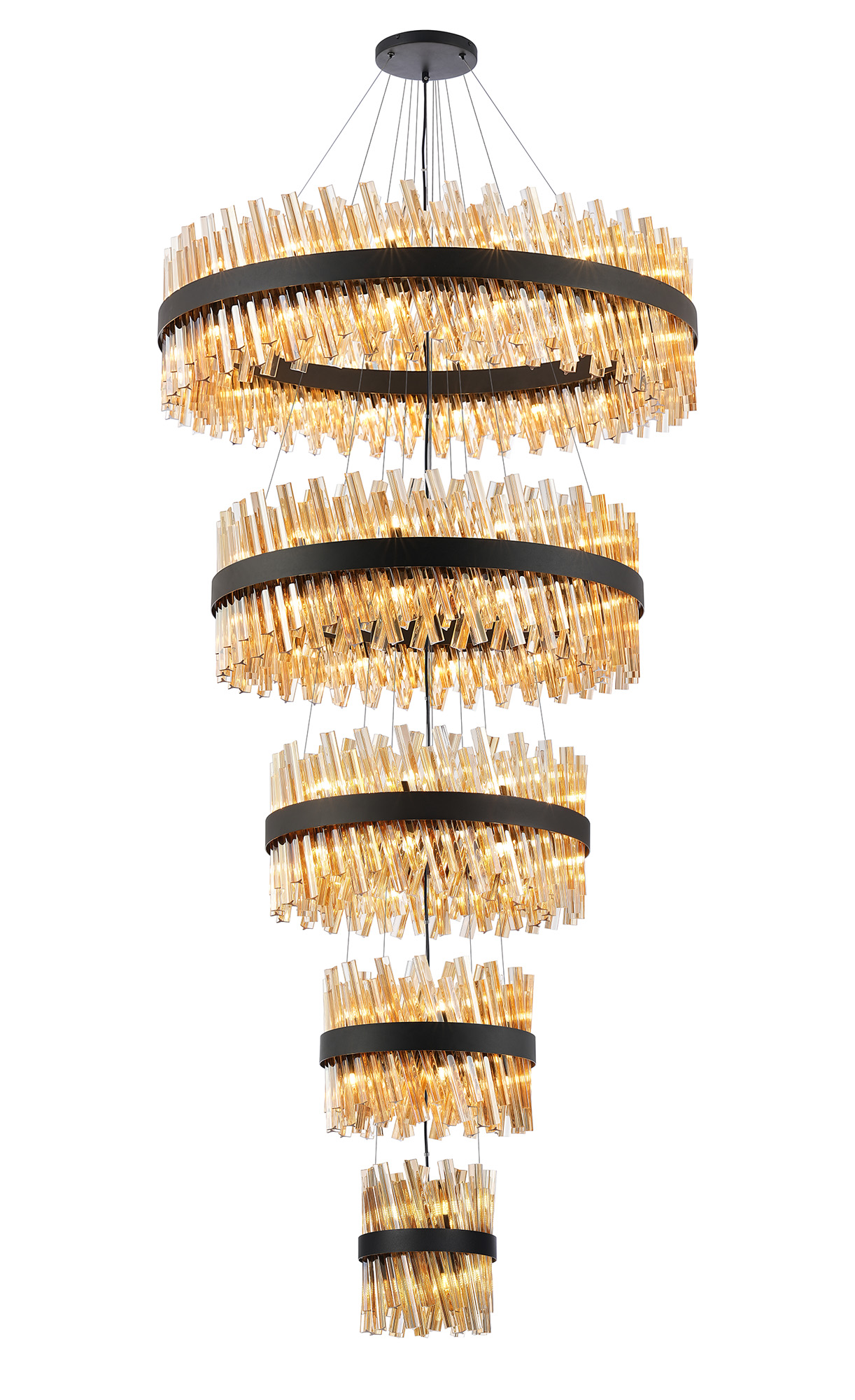 Asner 5 Tier 25cm + 40cm + 60cm + 80cm + 1m Pendant, 6 + 10 + 18 + 24 + 32 Light G9, Satin Black/Amber, Item Weight: 86kg