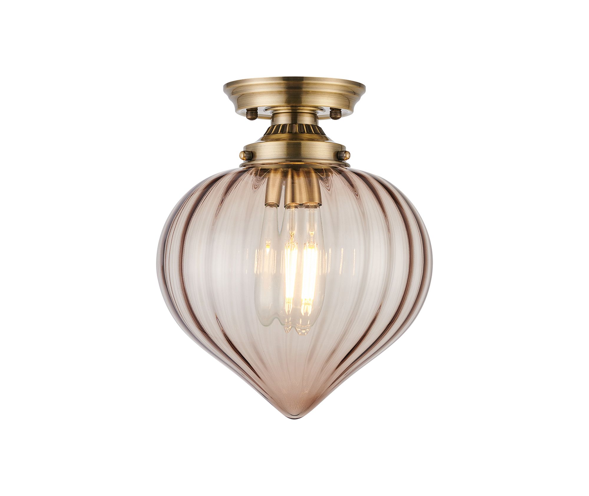 Mya 23cm Flush Ceiling Light With Flower Bud Shade 1 x E27, Antique Brass/Cognac