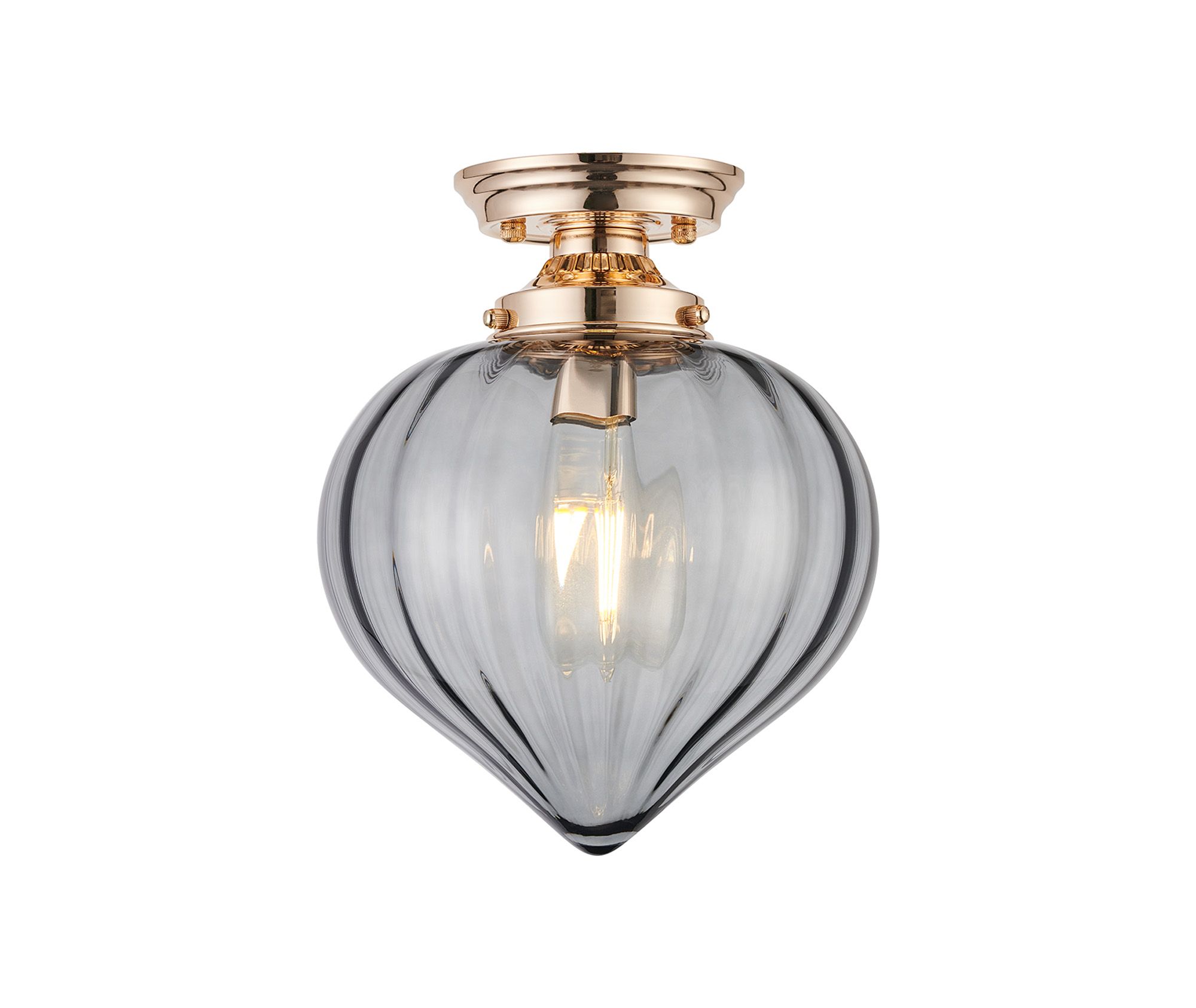 Mya 23cm Flush Ceiling Light With Flower Bud Shade 1 x E27, French Gold/Smoke