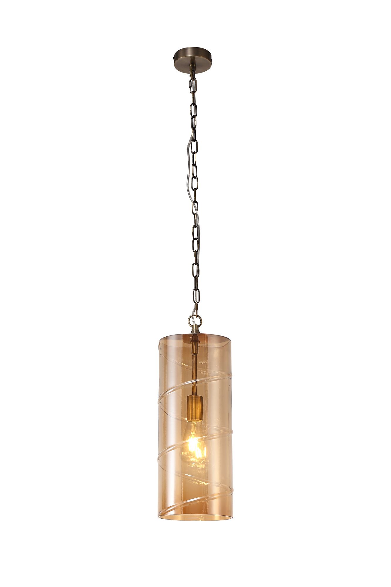 Mygar 18.5cm Glass Cylinder Pendant, 1 Light E27, Antique Brass/Amber