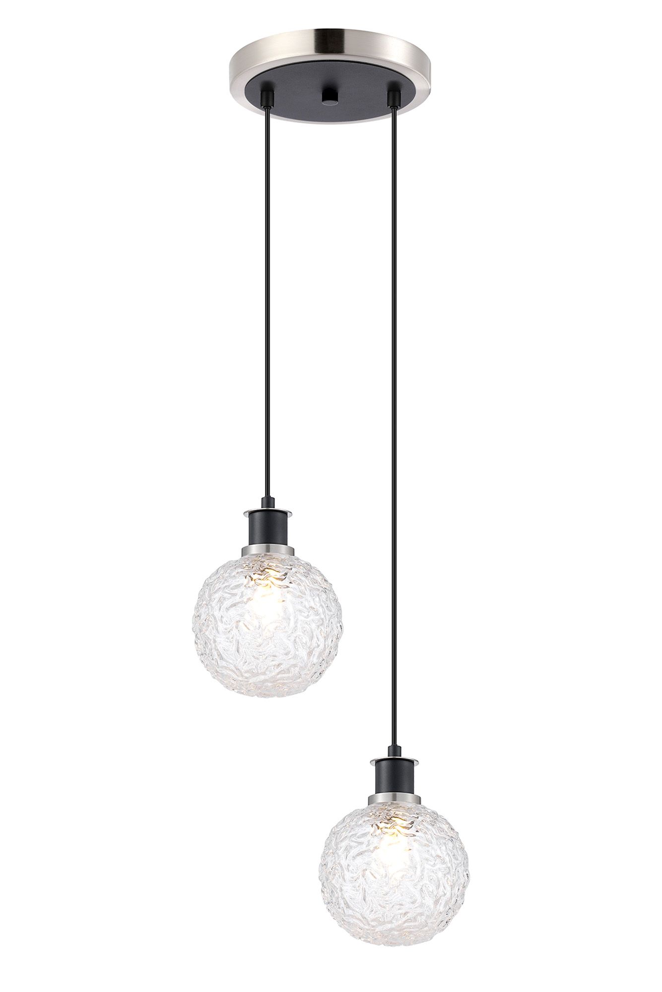 Jestero 20cm 2 Light Pendant, E14 With 15cm Round Textured Crumple Glass Shades, Satin Nickel, Clear & Satin Black