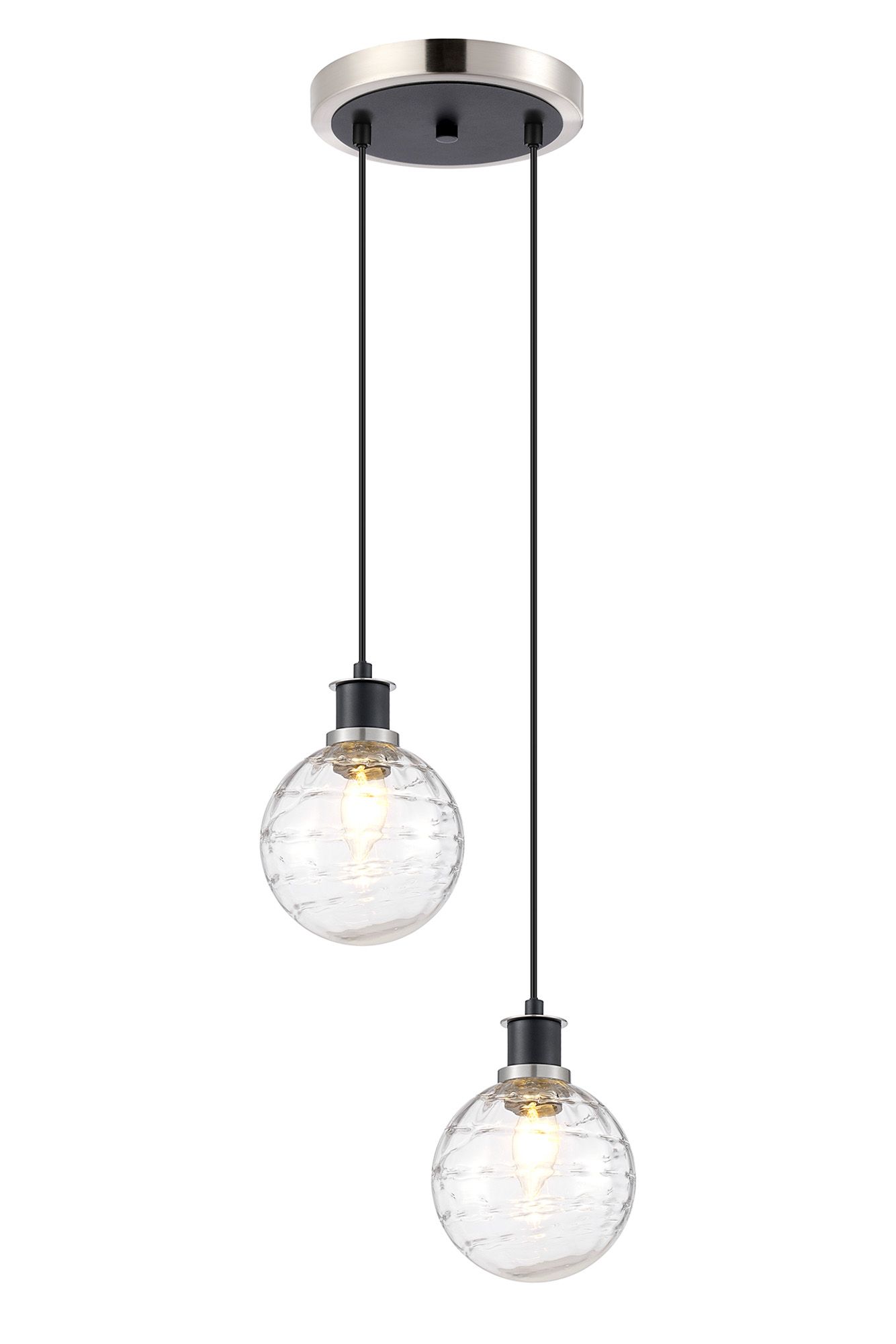 Jestero 20cm 2 Light Pendant, E14 With 15cm Round Textured Melting Glass Shades, Satin Nickel, Clear & Satin Black