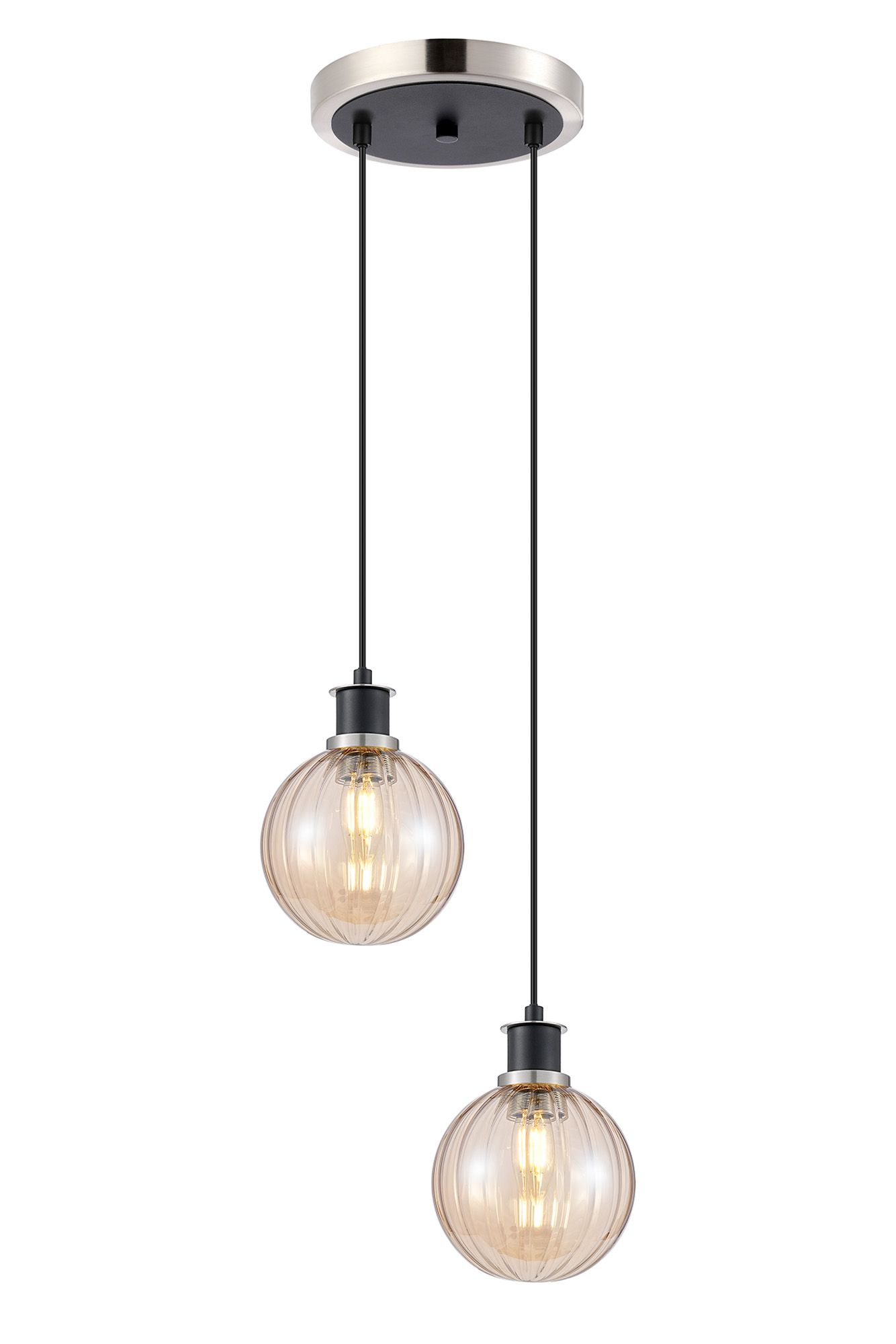 Jestero 20cm 2 Light Pendant, E14 With 15cm Round Segment Glass Shades, Satin Nickel, Amber Plated & Satin Black