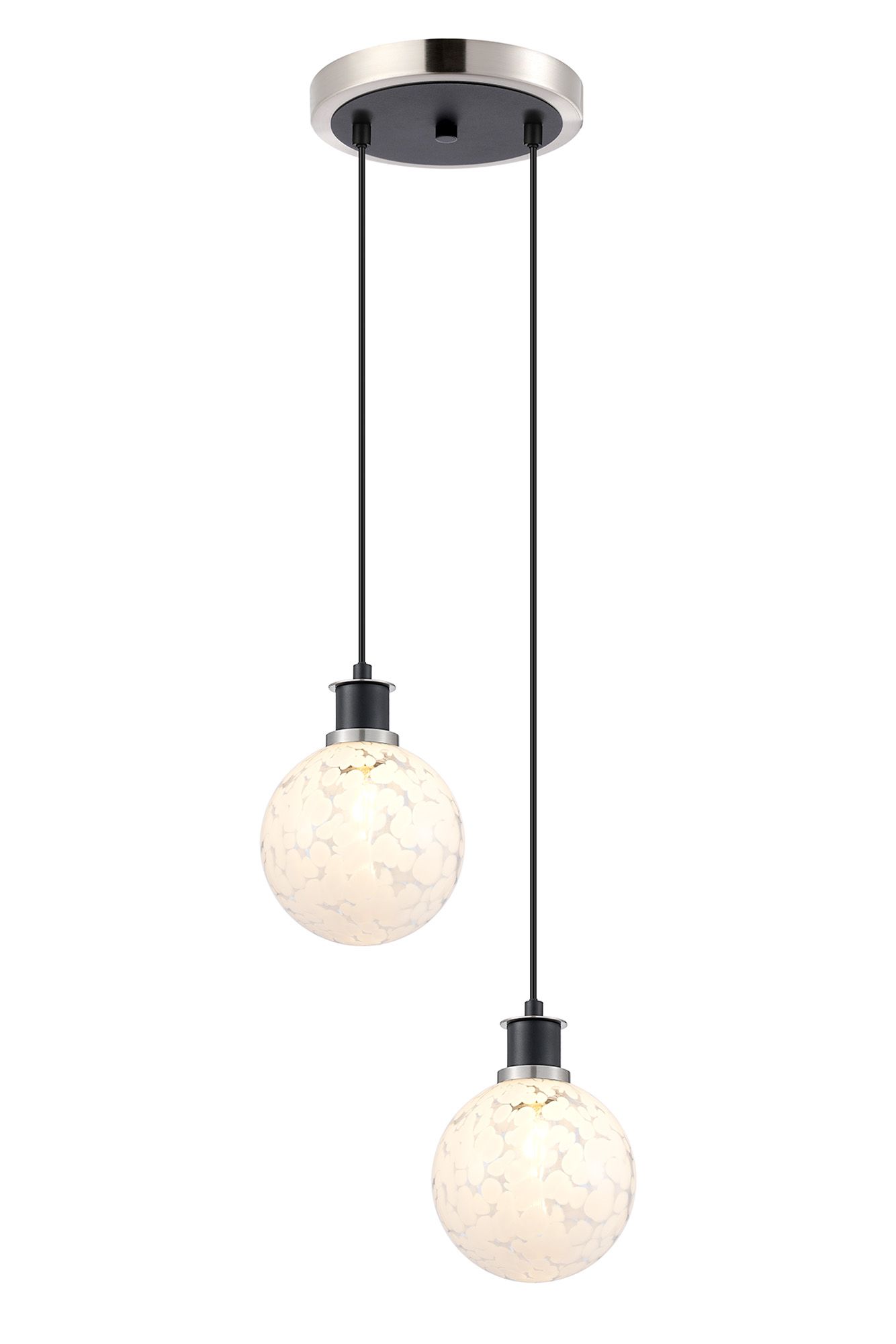 Jestero 20cm 2 Light Pendant, E14 With 15cm Round Speckled Glass Shades, Satin Nickel, White & Satin Black