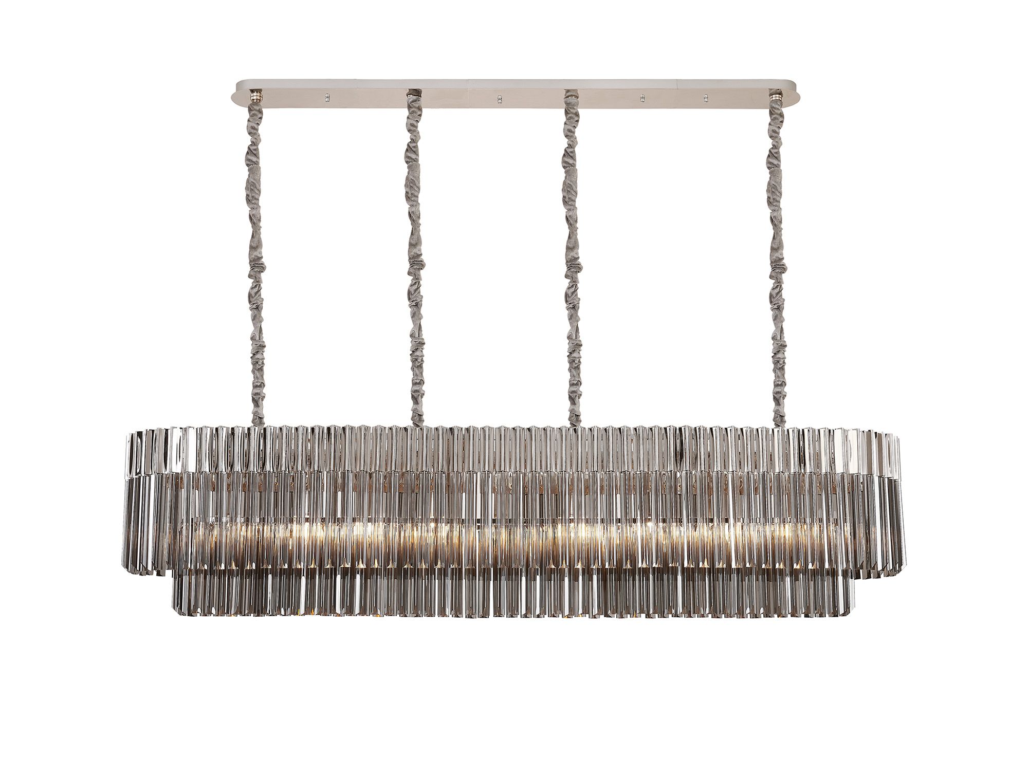 Brewer Modular 180 x 40cm Linear Pendant, 9 Light E14, Polished Nickel/Smoked Sculpted Glass, Item Weight: 47kg