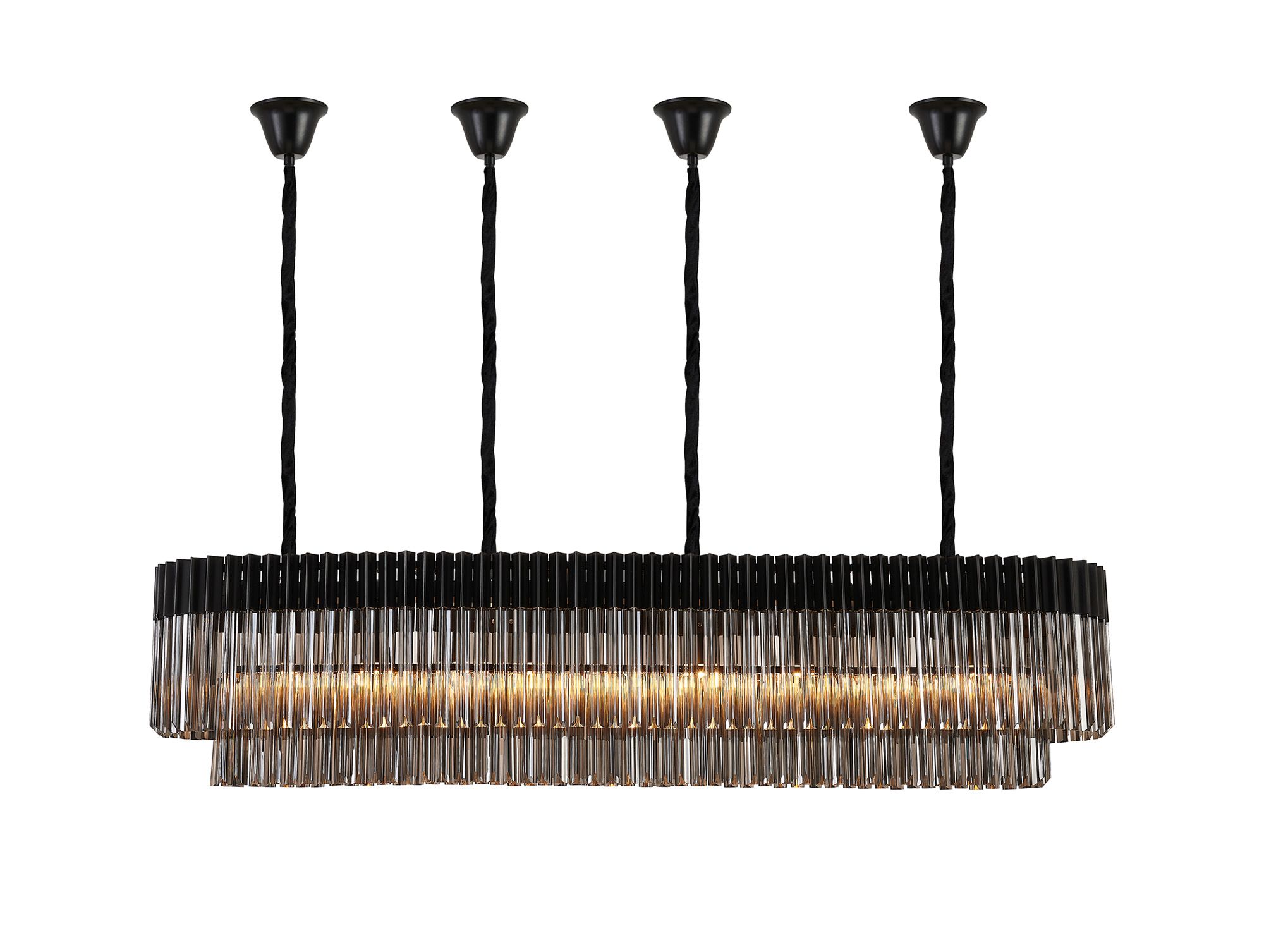 Brewer Modular 180 x 40cm Linear Pendant With Bell Cup, 9 Light E14, Matt Black/Smoked Sculpted Glass, Item Weight: 44kg