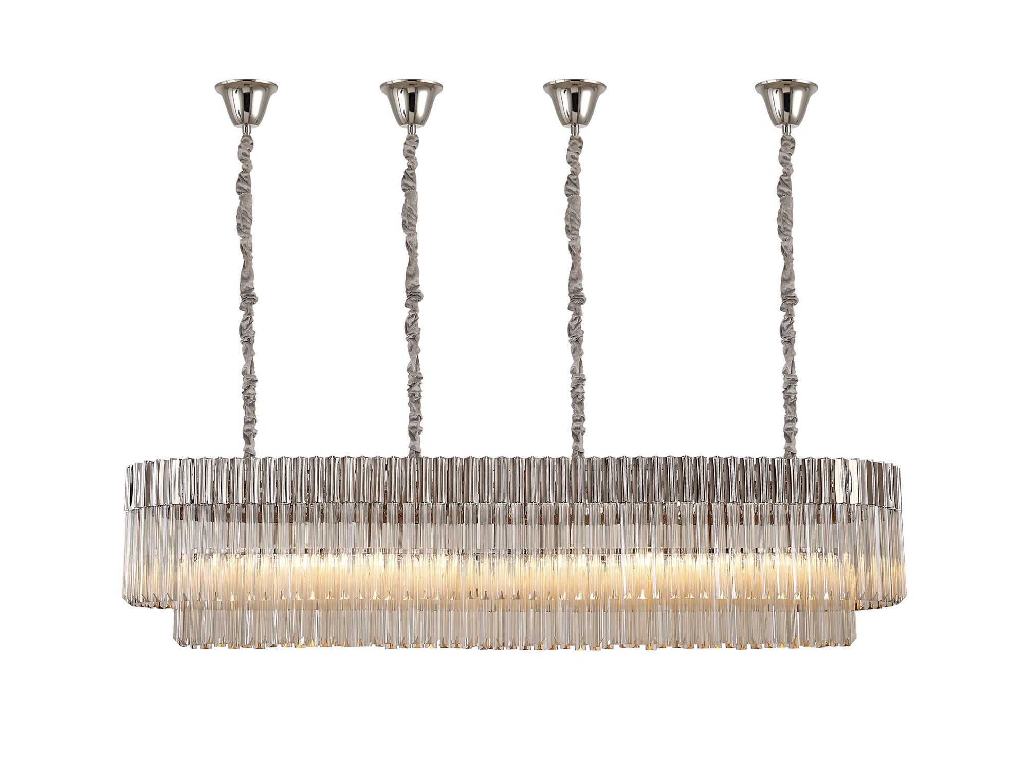 Brewer Modular 180 x 40cm Linear Pendant With Bell Cup, 9 Light E14, Polished Nickel/Cognac Sculpted Glass, Item Weight: 44kg