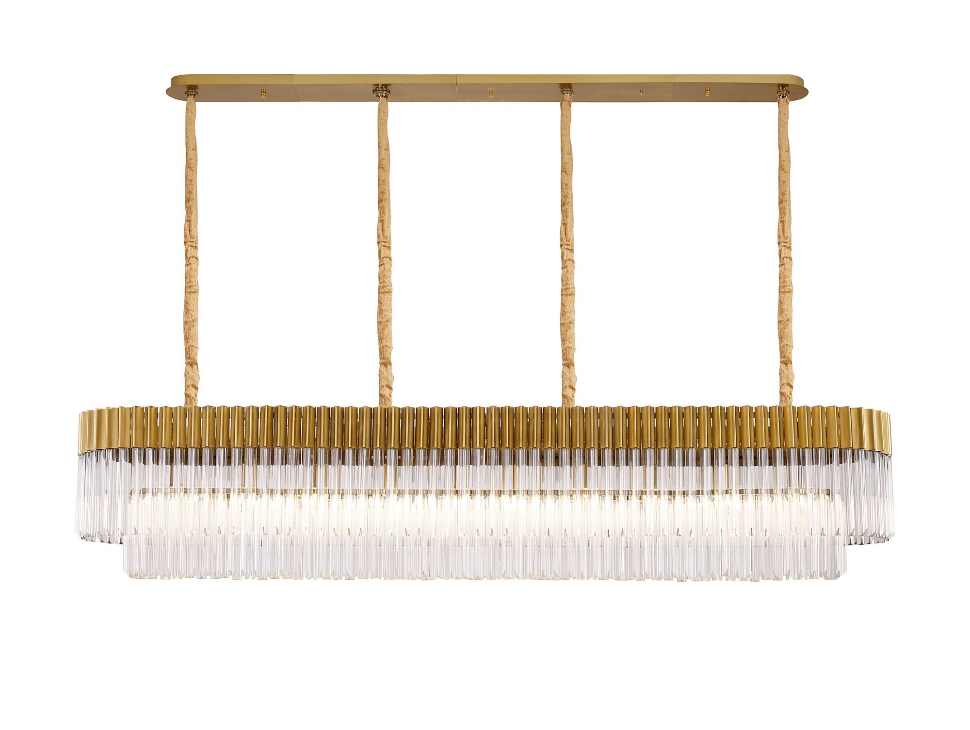 Brewer Modular 200 x 40cm Linear Pendant, 10 Light E14, Brass/Clear Sculpted Glass, Item Weight: 53kg