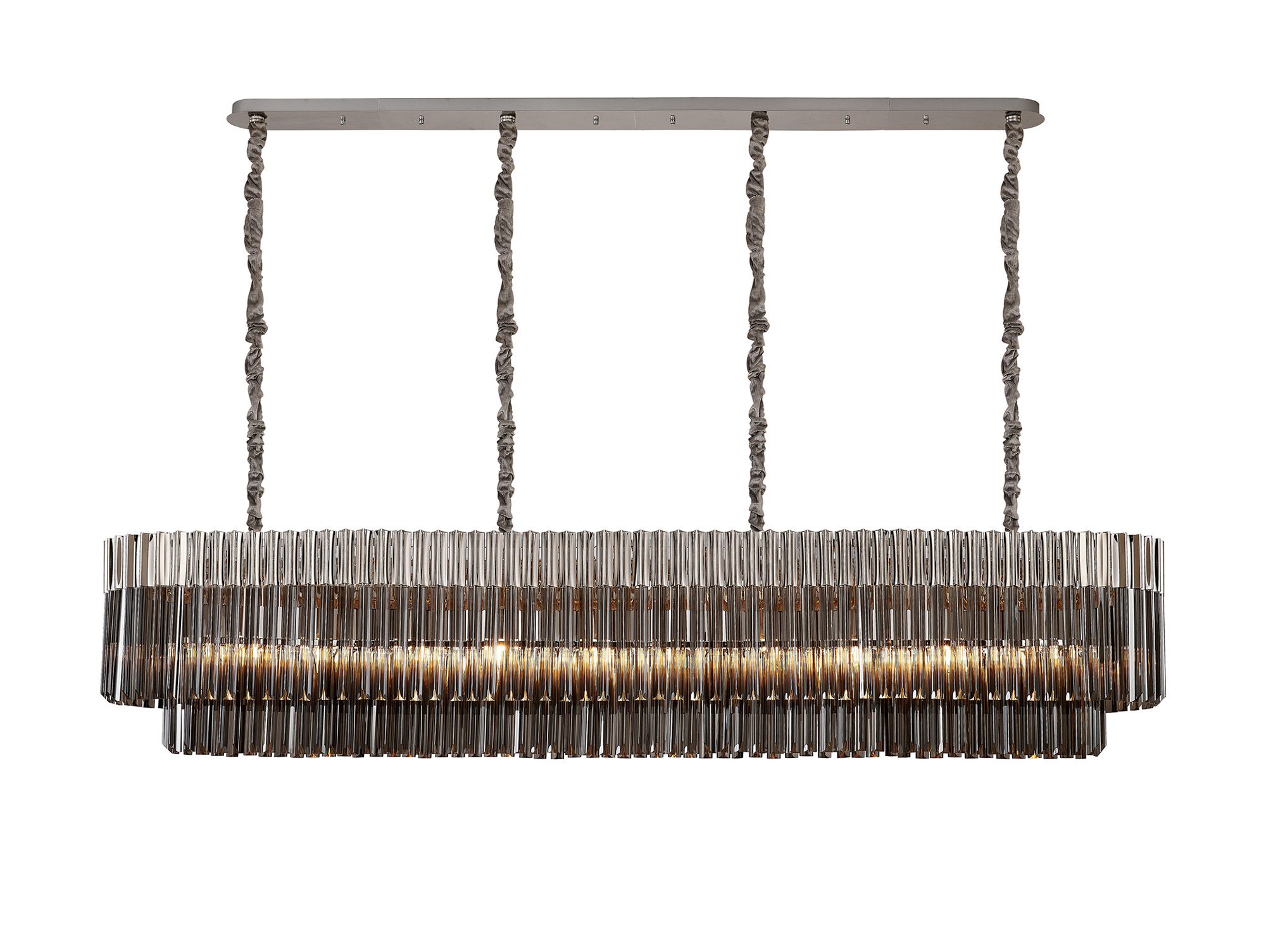 Brewer Modular 200 x 40cm Linear Pendant, 10 Light E14, Polished Nickel/Smoked Sculpted Glass, Item Weight: 53kg