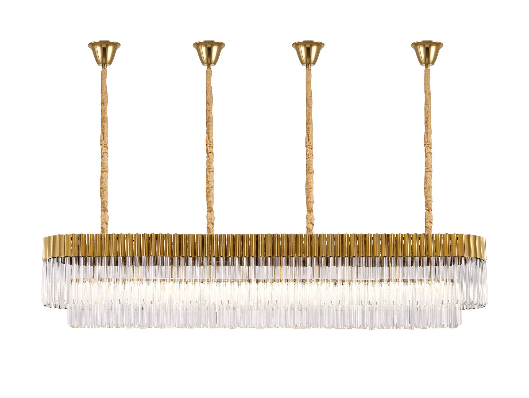 Brewer Modular 200 x 40cm Linear Pendant With Bell Cup, 10 Light E14, Brass/Clear Sculpted Glass, Item Weight: 48kg