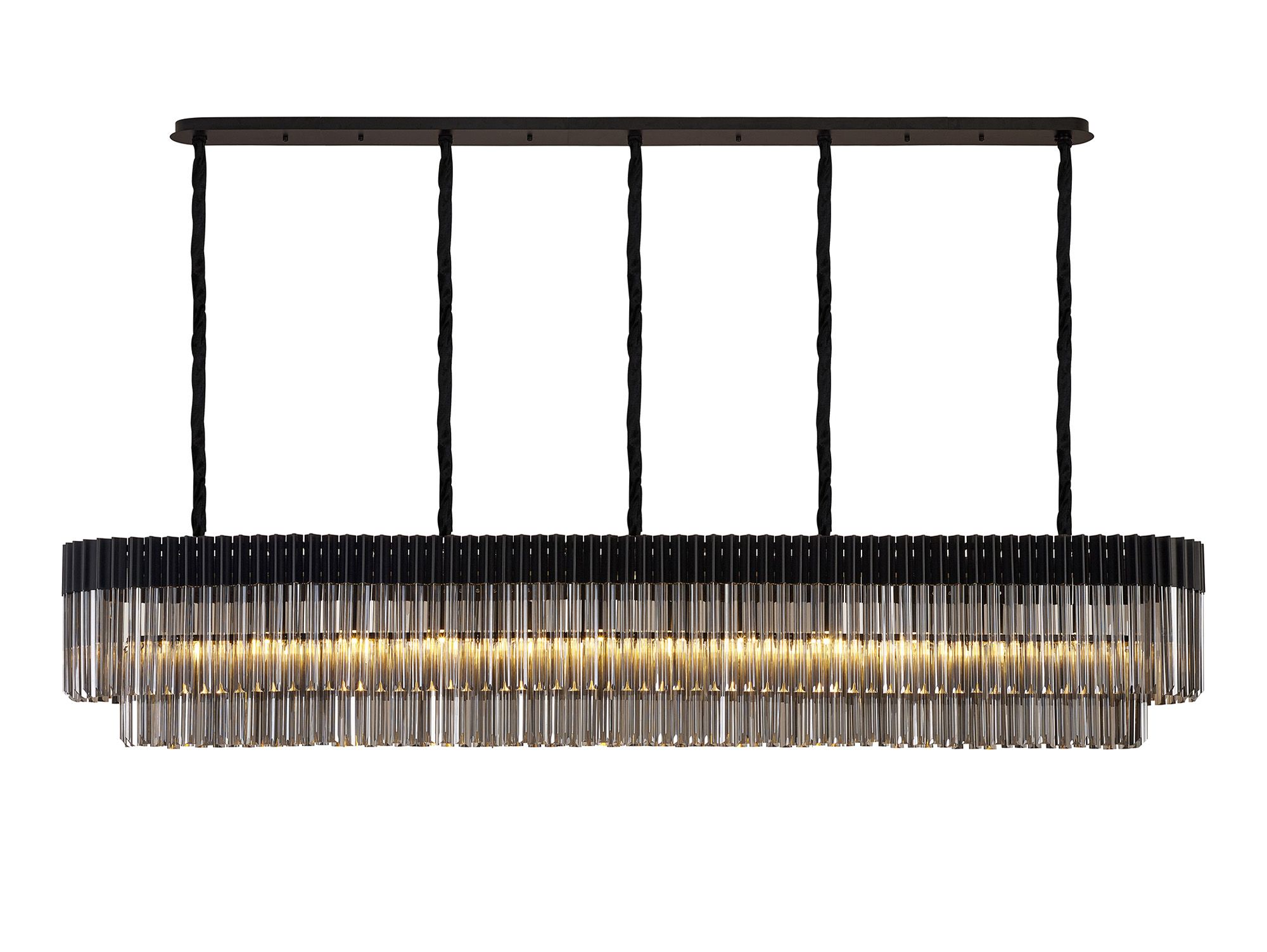 Brewer Modular 225 x 40cm Linear Pendant, 12 Light E14, Matt Black/Smoked Sculpted Glass, Item Weight: 60kg