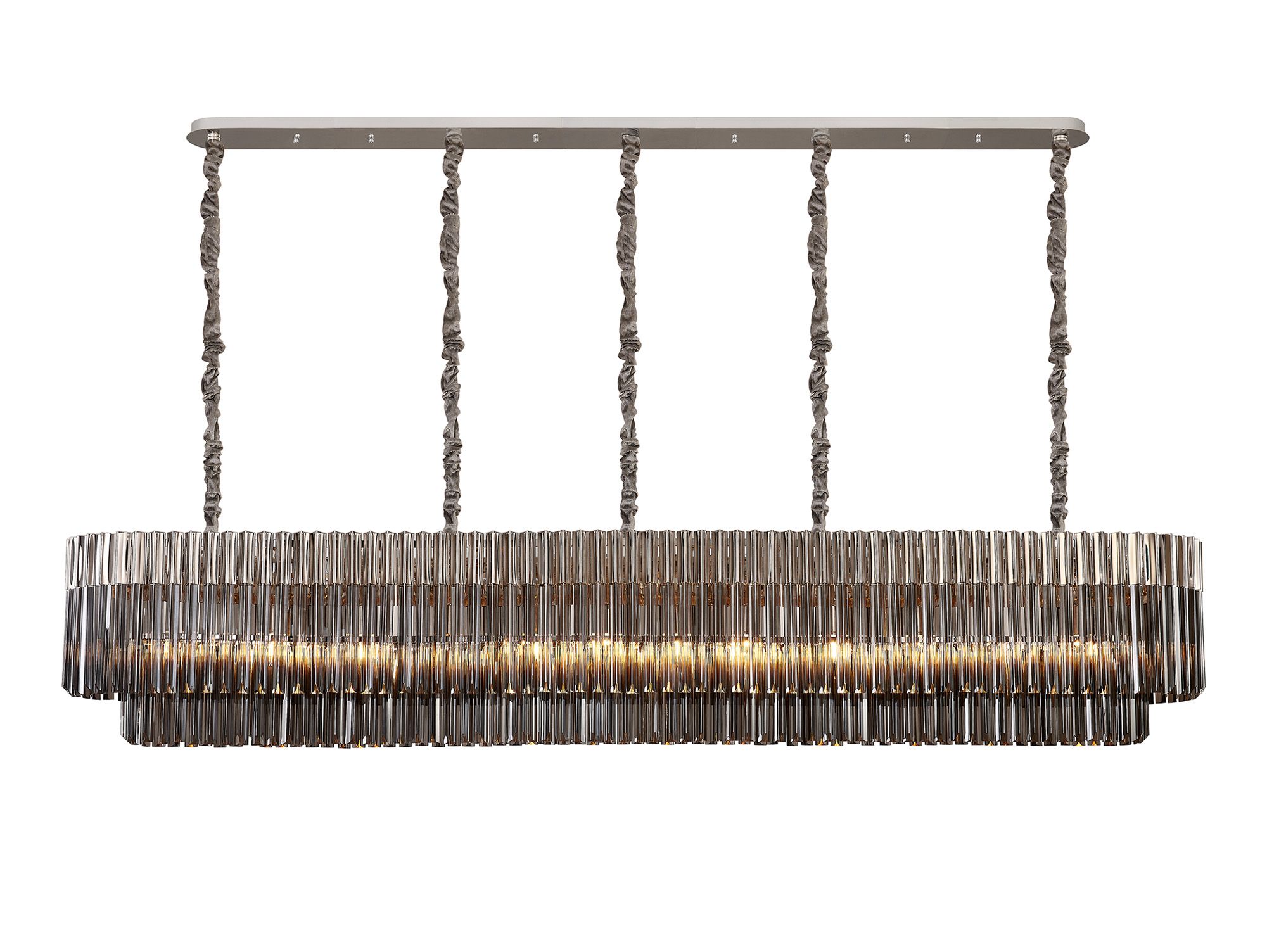 Brewer Modular 225 x 40cm Linear Pendant, 12 Light E14, Polished Nickel/Smoked Sculpted Glass, Item Weight: 60kg