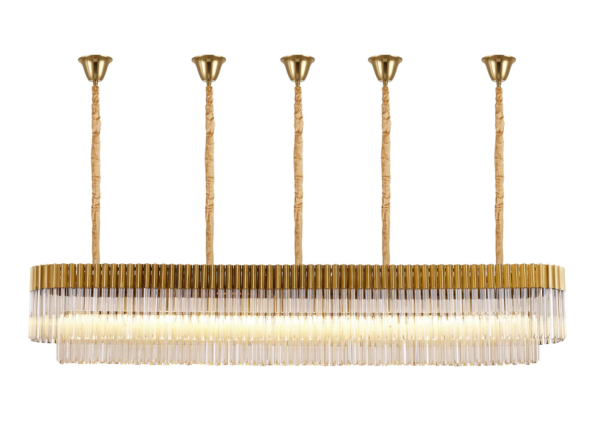 Brewer Modular 225 x 40cm Linear Pendant With Bell Cup, 12 Light E14, Brass/Cognac Sculpted Glass, Item Weight: 56kg