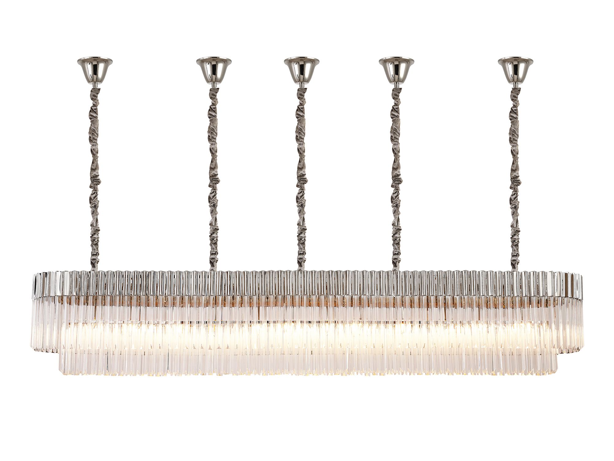 Brewer Modular 225 x 40cm Linear Pendant With Bell Cup, 12 Light E14, Polished Nickel/Clear Sculpted Glass, Item Weight: 56kg