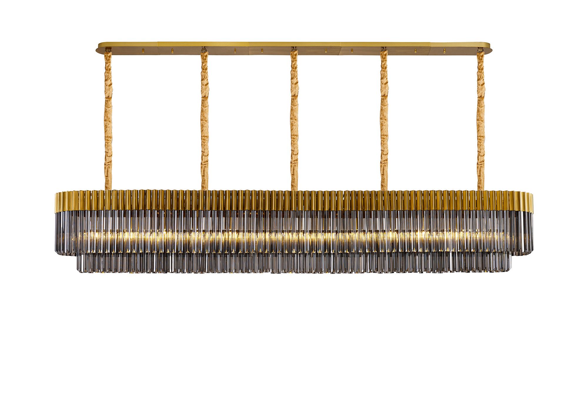 Brewer Modular 250 x 40cm Linear Pendant, 13 Light E14, Brass/Smoked Sculpted Glass, Item Weight: 67kg