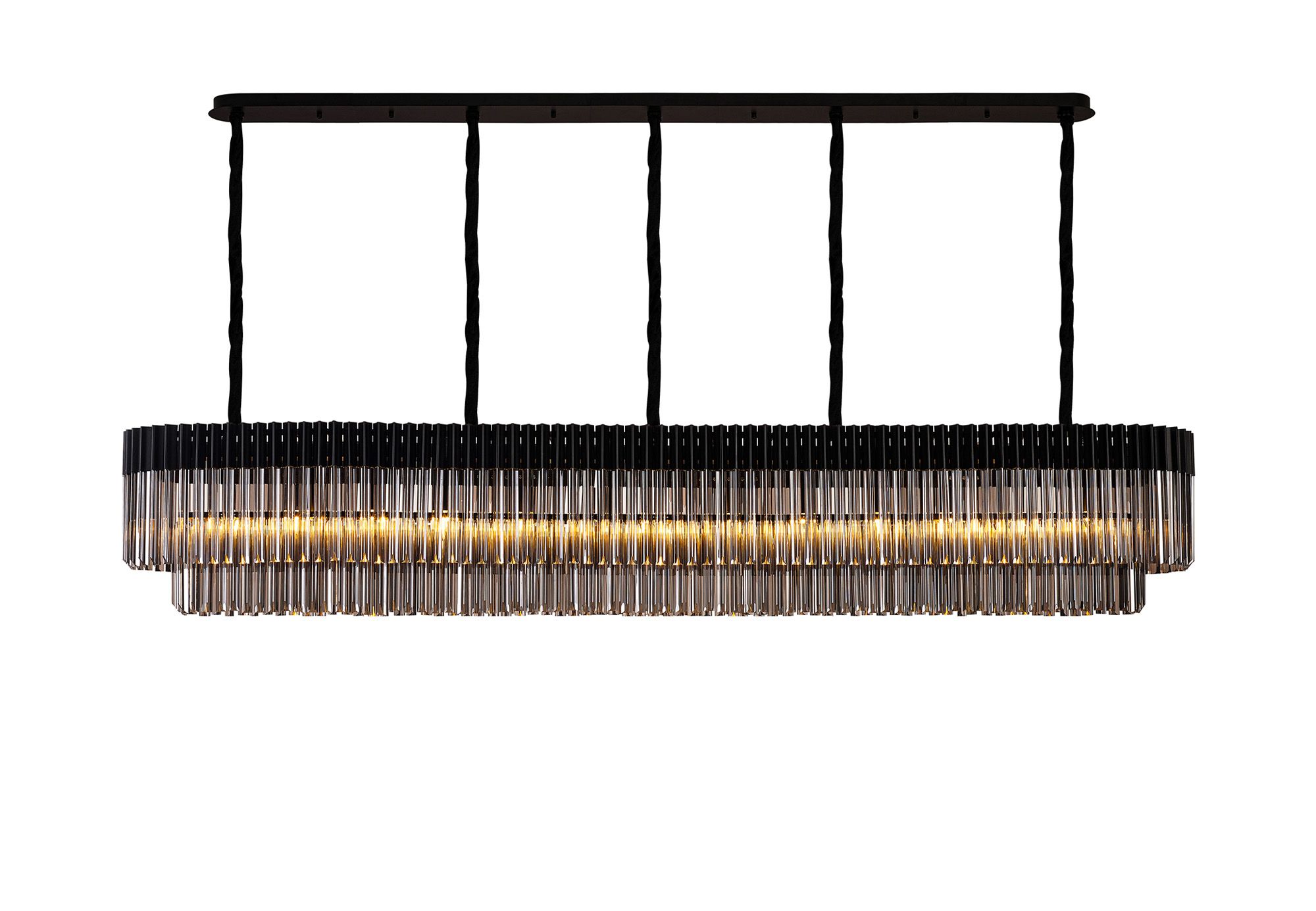 Brewer Modular 250 x 40cm Linear Pendant, 13 Light E14, Matt Black/Smoked Sculpted Glass, Item Weight: 67kg