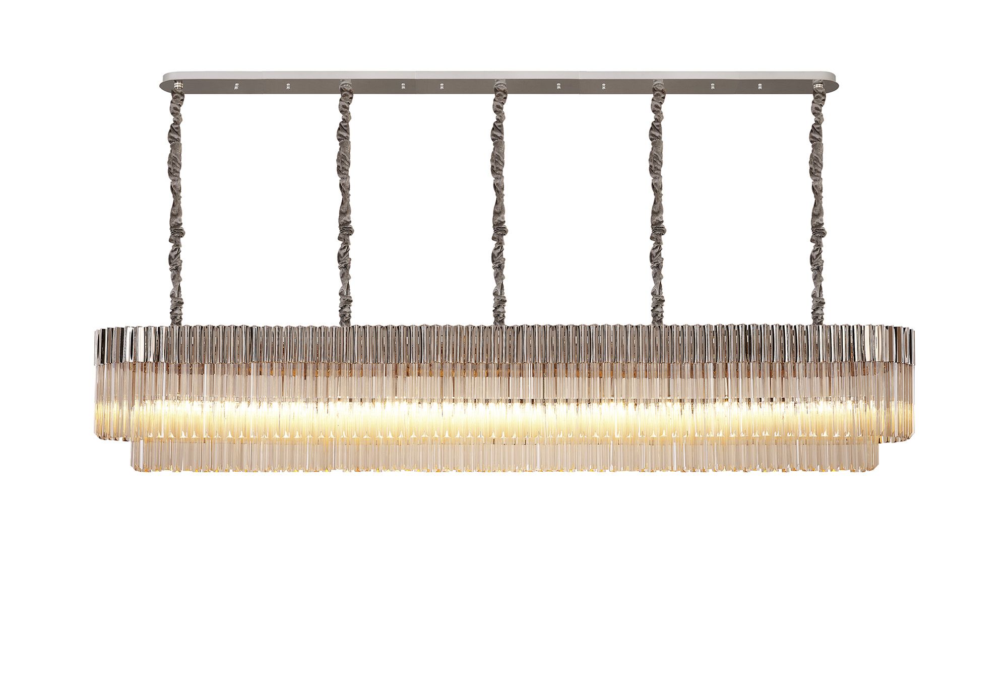 Brewer Modular 250 x 40cm Linear Pendant, 13 Light E14, Polished Nickel/Cognac Sculpted Glass, Item Weight: 67kg