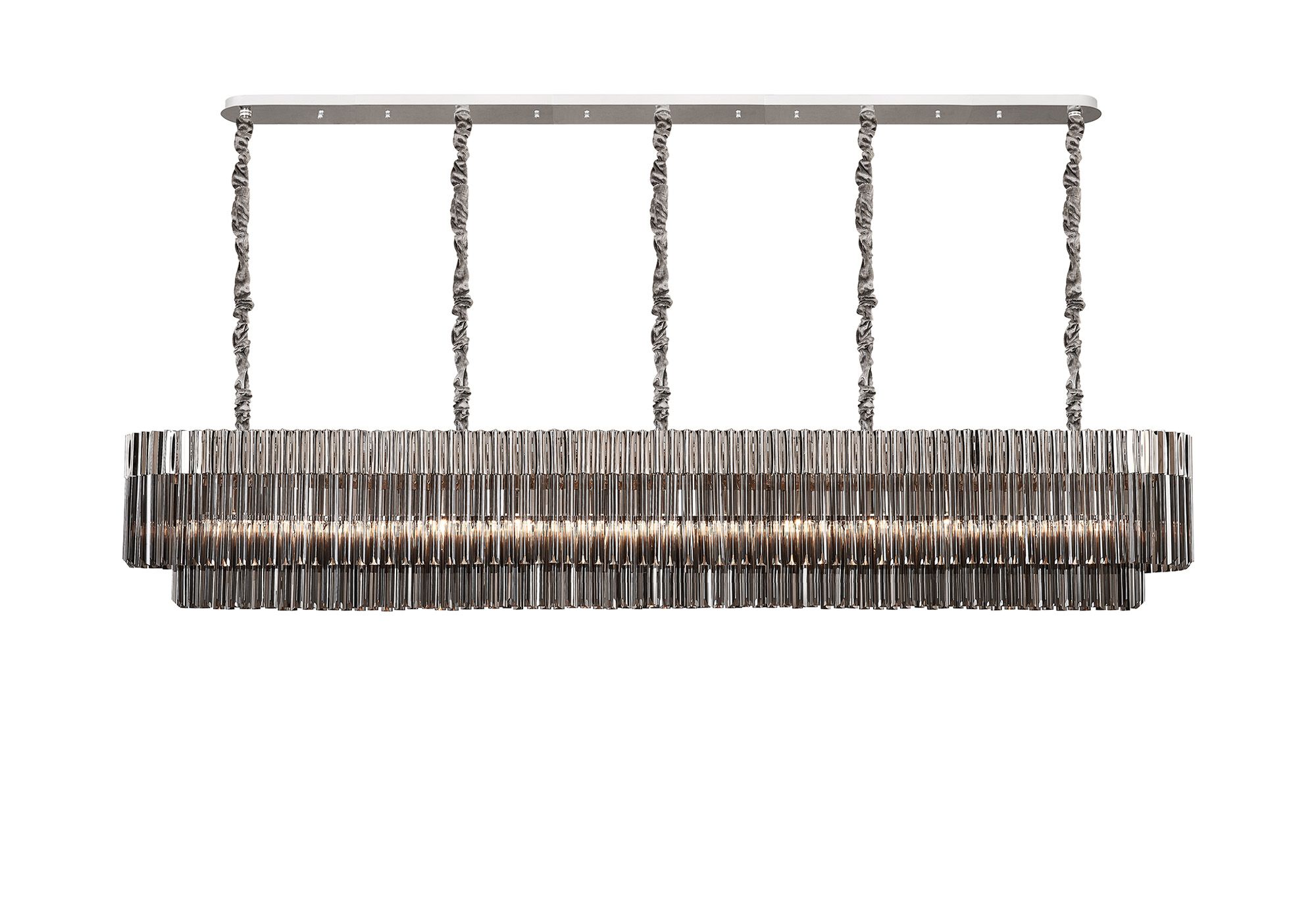 Brewer Modular 250 x 40cm Linear Pendant, 13 Light E14, Polished Nickel/Smoked Sculpted Glass, Item Weight: 67kg
