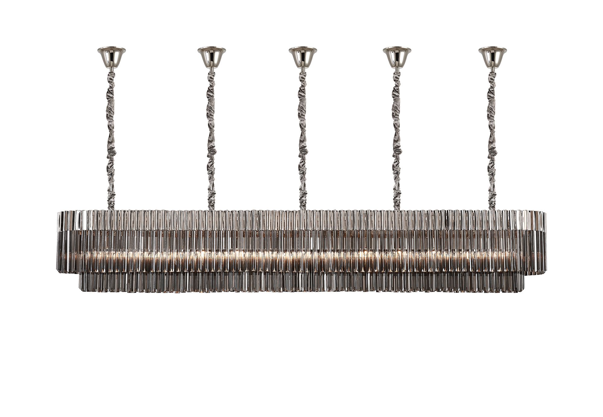 Brewer Modular 250 x 40cm Linear Pendant With Bell Cup, 13 Light E14, Polished Nickel/Smoked Sculpted Glass, Item Weight: 61kg