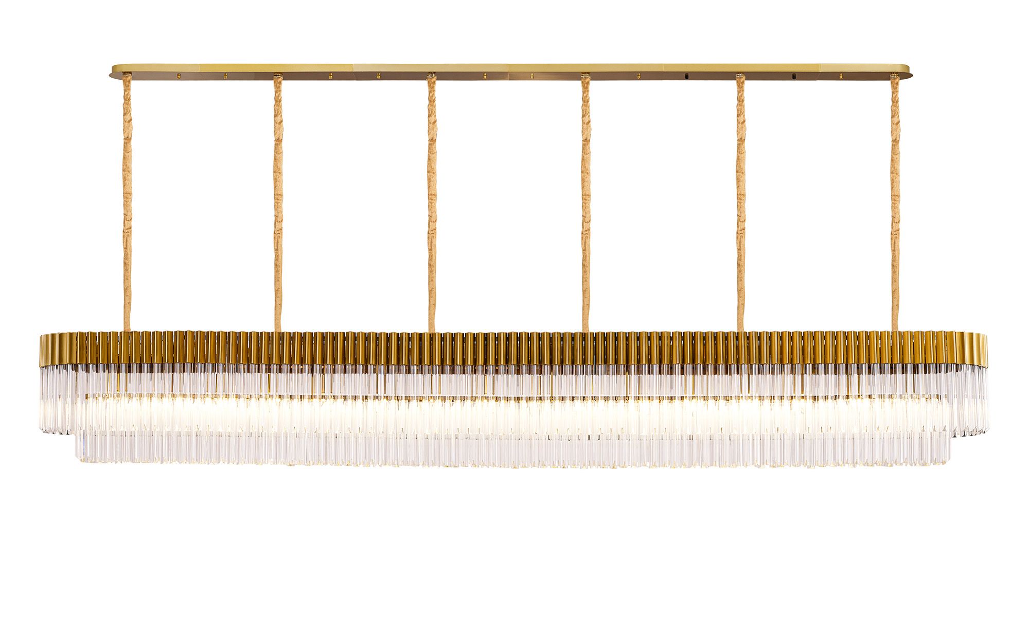Brewer Modular 300 x 40cm Linear Pendant, 16 Light E14, Brass/Clear Sculpted Glass, Item Weight: 80kg