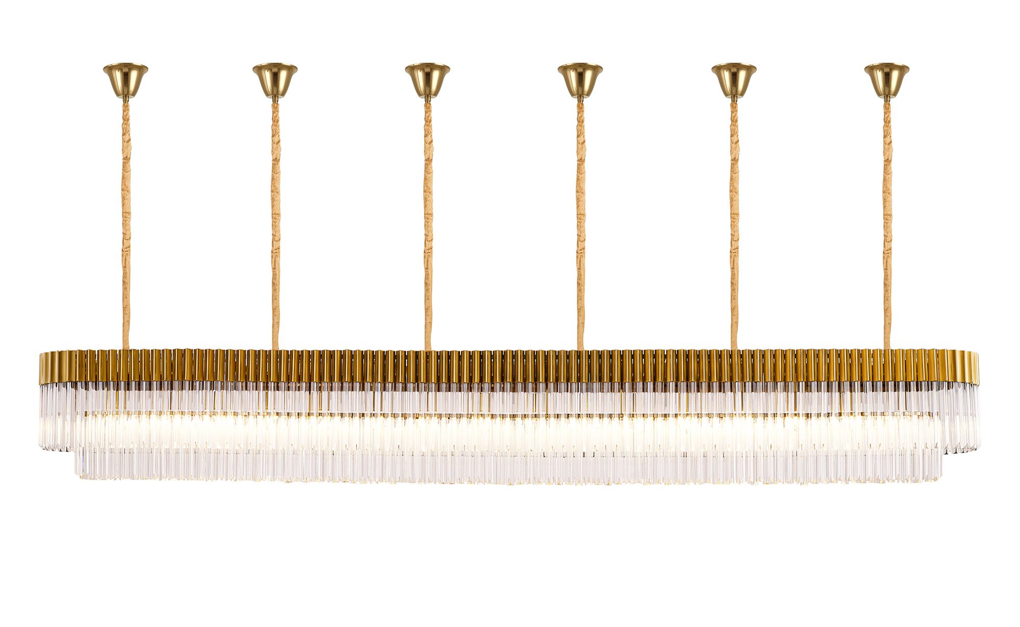 Brewer Modular 300 x 40cm Linear Pendant With Bell Cup, 16 Light E14, Brass/Clear Sculpted Glass, Item Weight: 73kg