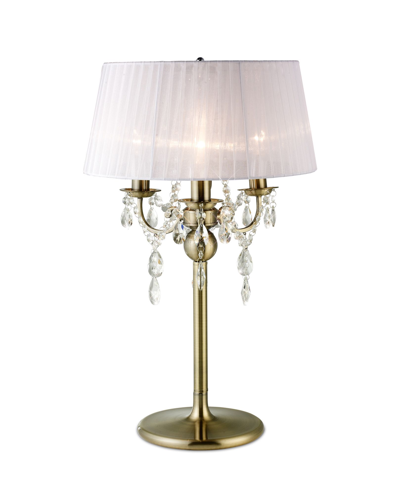 Olivia Crystal Table Lamp With White Shade 3 Light E14 Antique Brass