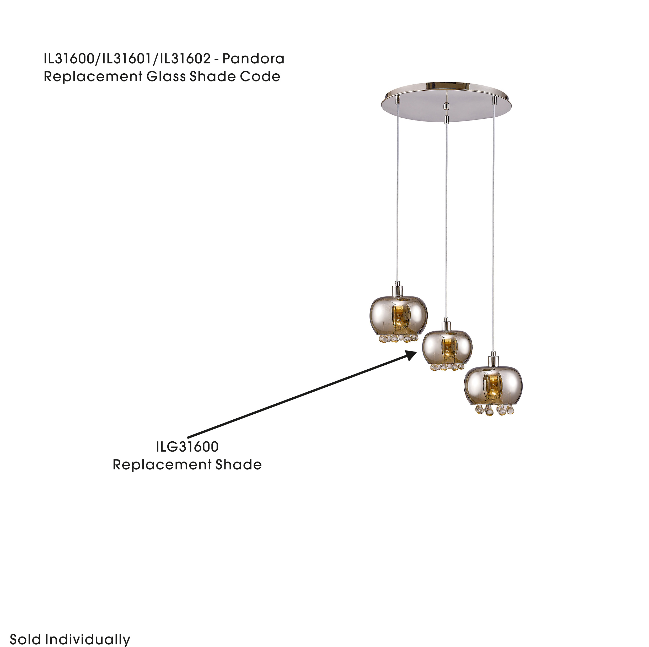 Pandora Replacement Chrome Glass Shade Without Glass Droplets For IL31600 / IL31601 / IL31602