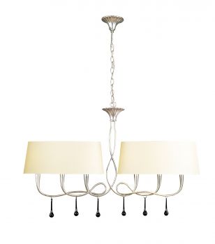 Paola Linear Pendant 2 Arm 6 Light E14, Silver Painted With Cream Shades & Black Glass Droplets