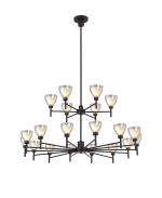 Penton 113cm 2-Tier Pendant With Curved Cone Glass (U), 20 Light G9, Satin Black/Iridescent/Opal