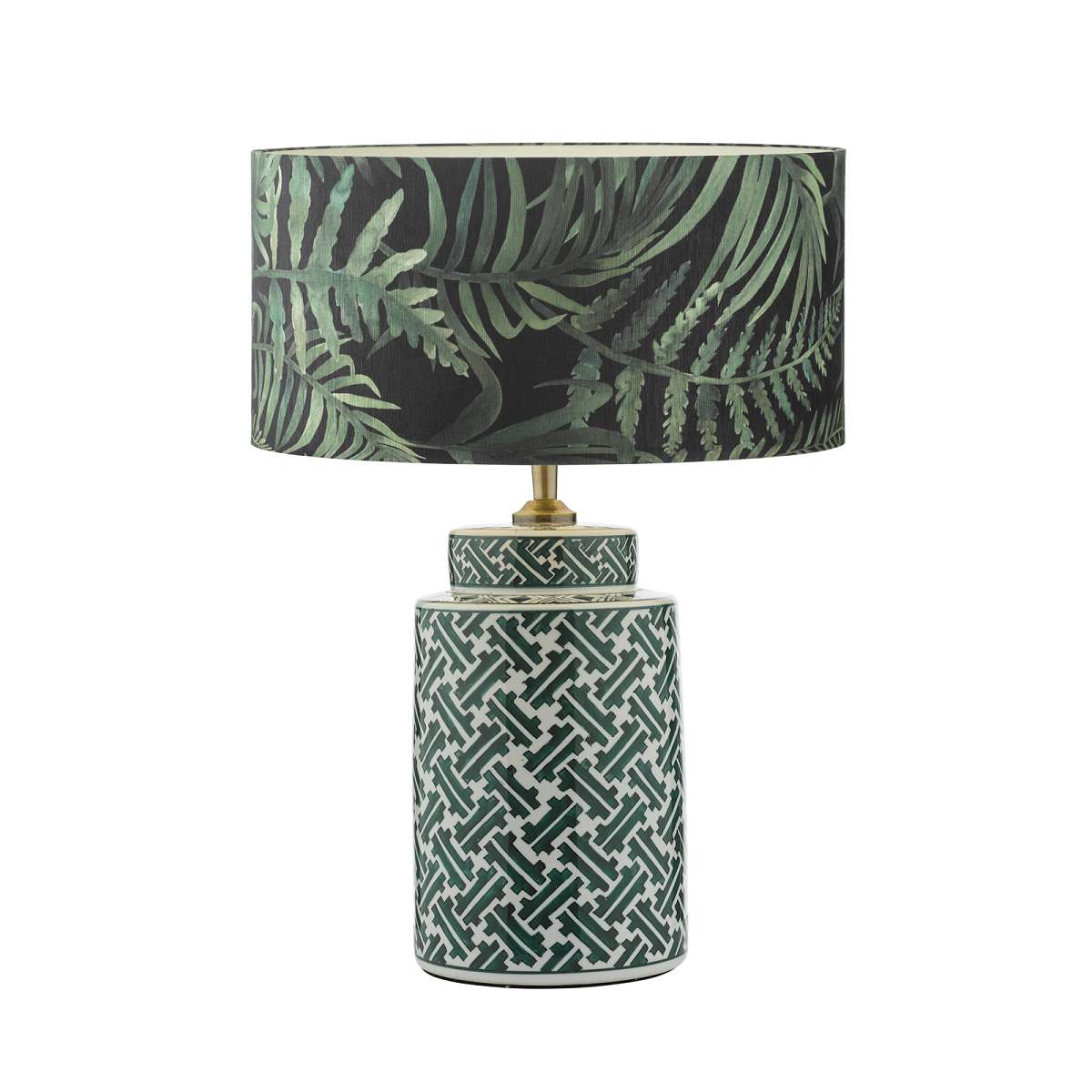 Tisana 1 Light E27 Green & Blue Print Ceramic Table Lamp With Inline Switch C/W Buzo Green Leaf Cotton 35cm Armario Shade