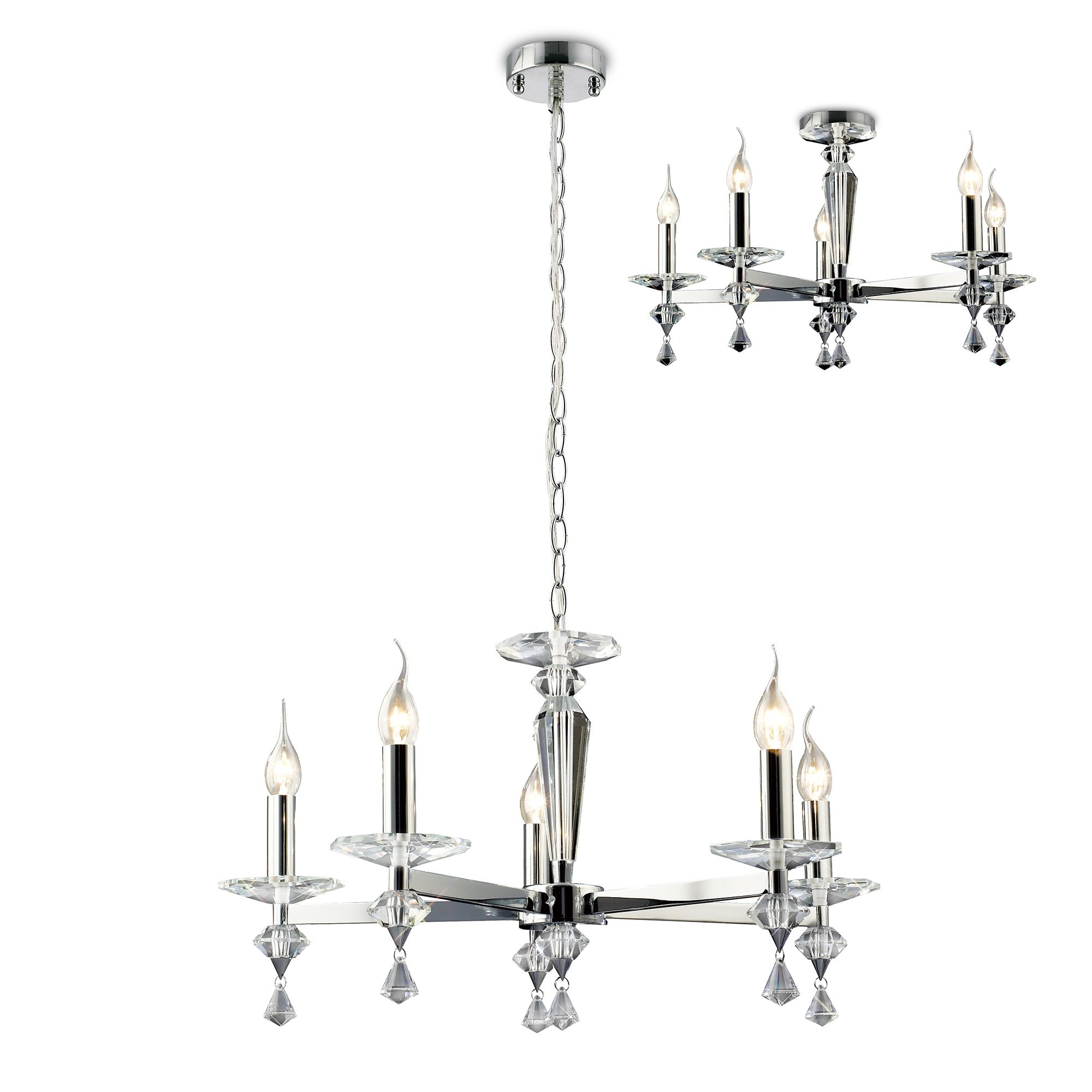 Renzo Pendant Semi-Flush Convertible 5 Light E14 Polished Chrome/Crystal