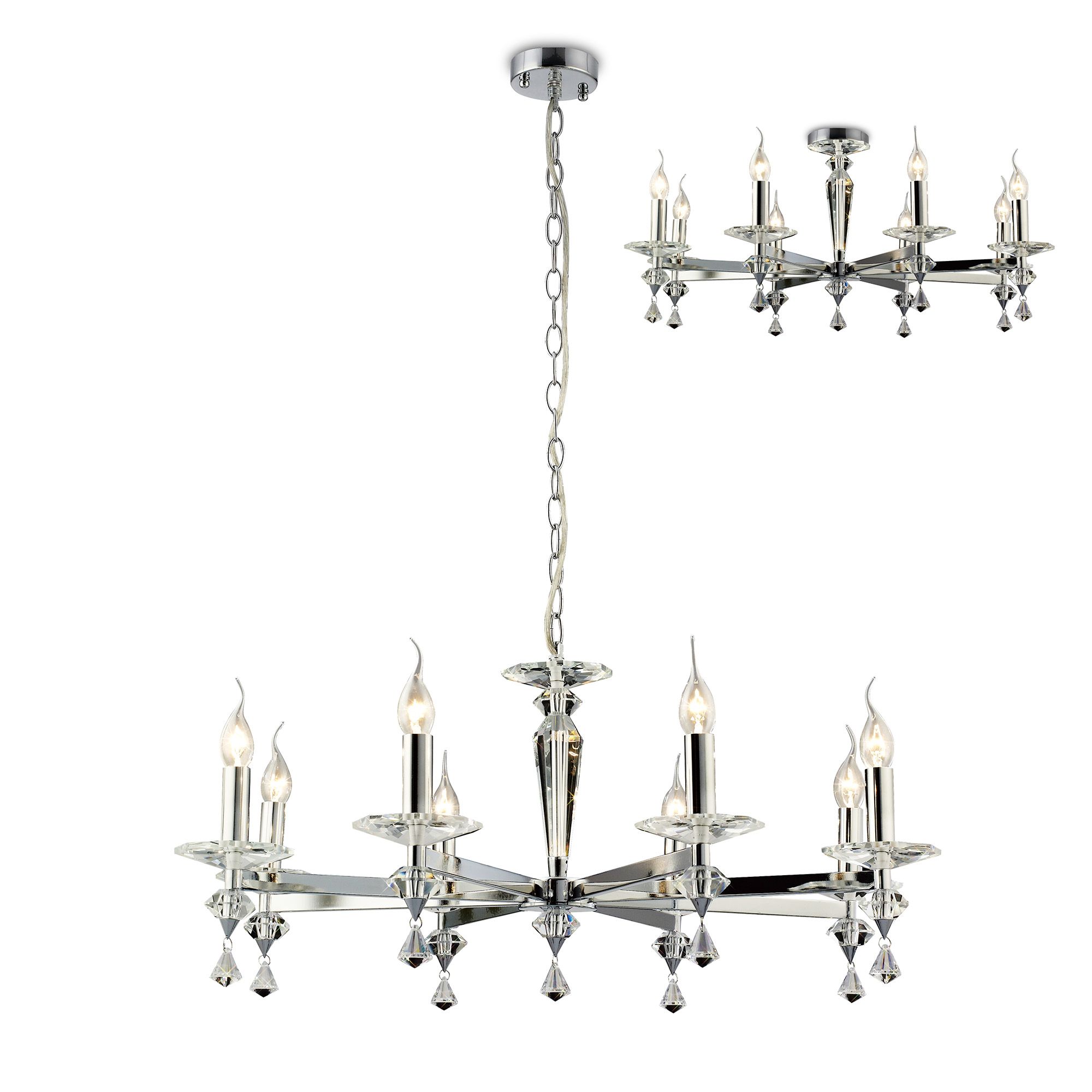 Renzo Pendant Semi-Flush Convertible 8 Light E14 Polished Chrome/Crystal