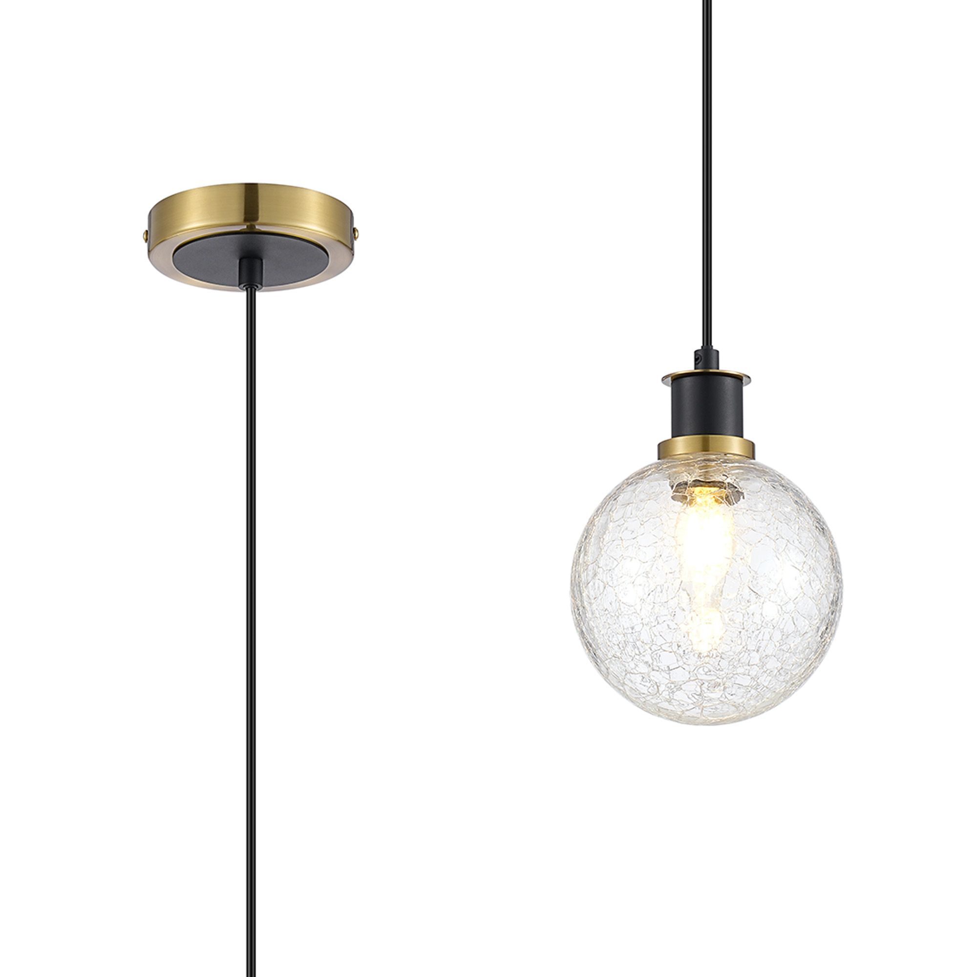 Jestero 1.3m Pendant, 1 Light E14 With 15cm Round Crackled Glass Shade, Brass, Clear & Satin Black