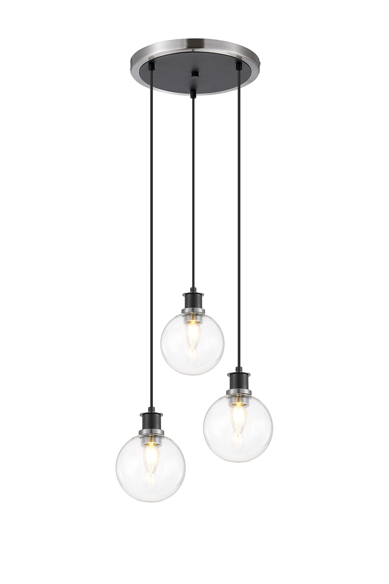 Jestero 38cm Round Pendant, 3 Light E14 With 15cm Round Glass Shade, Satin Nickel, Clear & Satin Black
