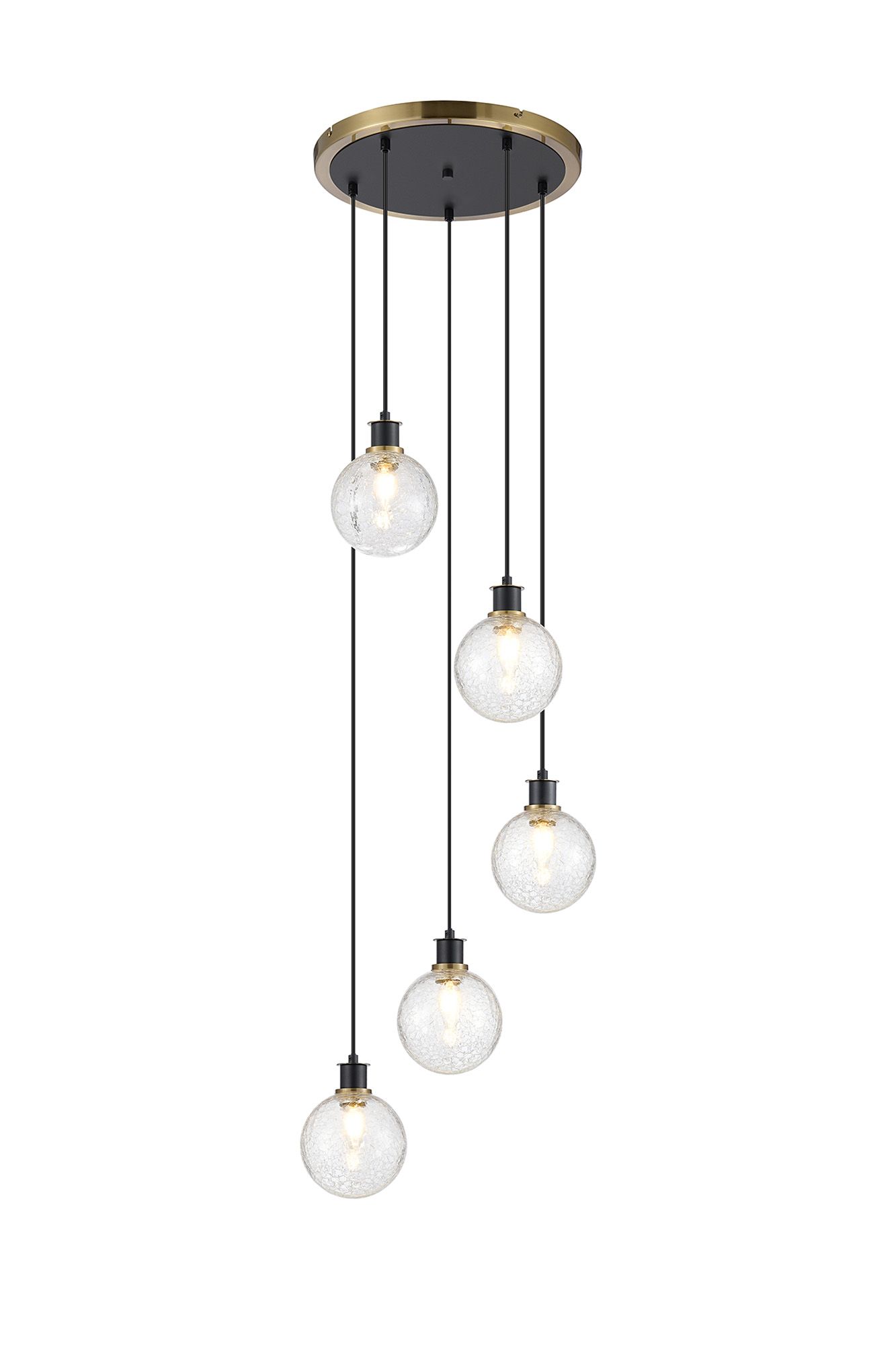Jestero 48cm Round Pendant, 5 Light E14 With 15cm Round Crackled Glass Shade, Brass, Clear & Satin Black